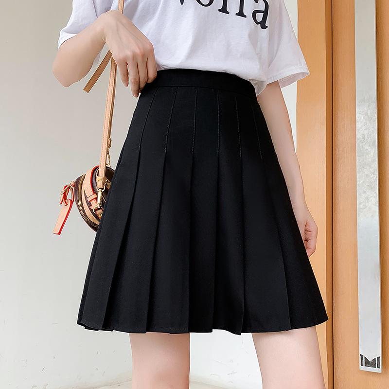 2024 Nová dámská sukně s vysokým pasem, jednobarevná, áčkového střihu, plisovaná, nadměrná velikost, střední délky, zeštíhlující, akademický styl