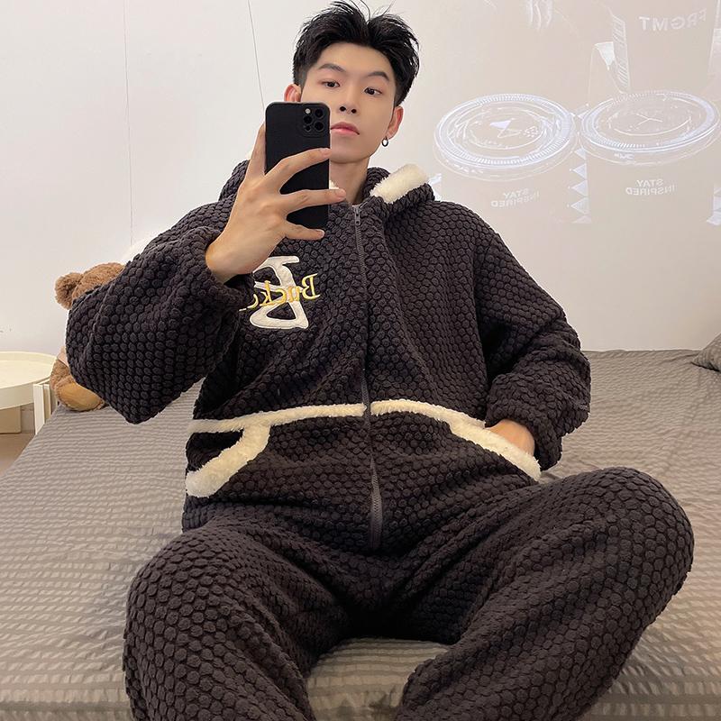Nová pánská podzimní zimní zahuštěná sada pyžama z korálového rouna, plyšový domácí oblek s kapucí na zip, s dlouhým rukávem, flanelová 2dílná sada, pyžamo, teplé noční prádlo