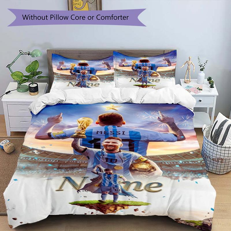 Messi World Cup Champion Personalized Name Bedding Set,Airy Bed Linen for Sports Room Decor,Perfect Teenager Gift,Double Sided Duvet Cover with Pillow