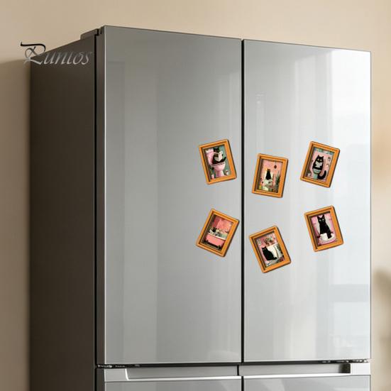 Magnetic Picture Frames for Refrigerator Funny Wooden Fridge Magnets Frame, Retro Cute Cat Pattern Decorative Photos Locker Magnet Photo Holder