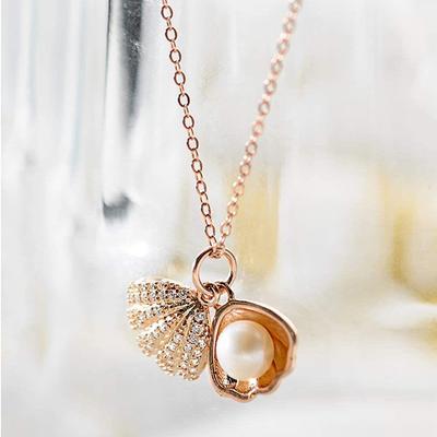 Anhänger für Mädchen Frauen Damen Freundin Frau Moti Shell Perle Halskette Medaillon lange Kette Rose gold