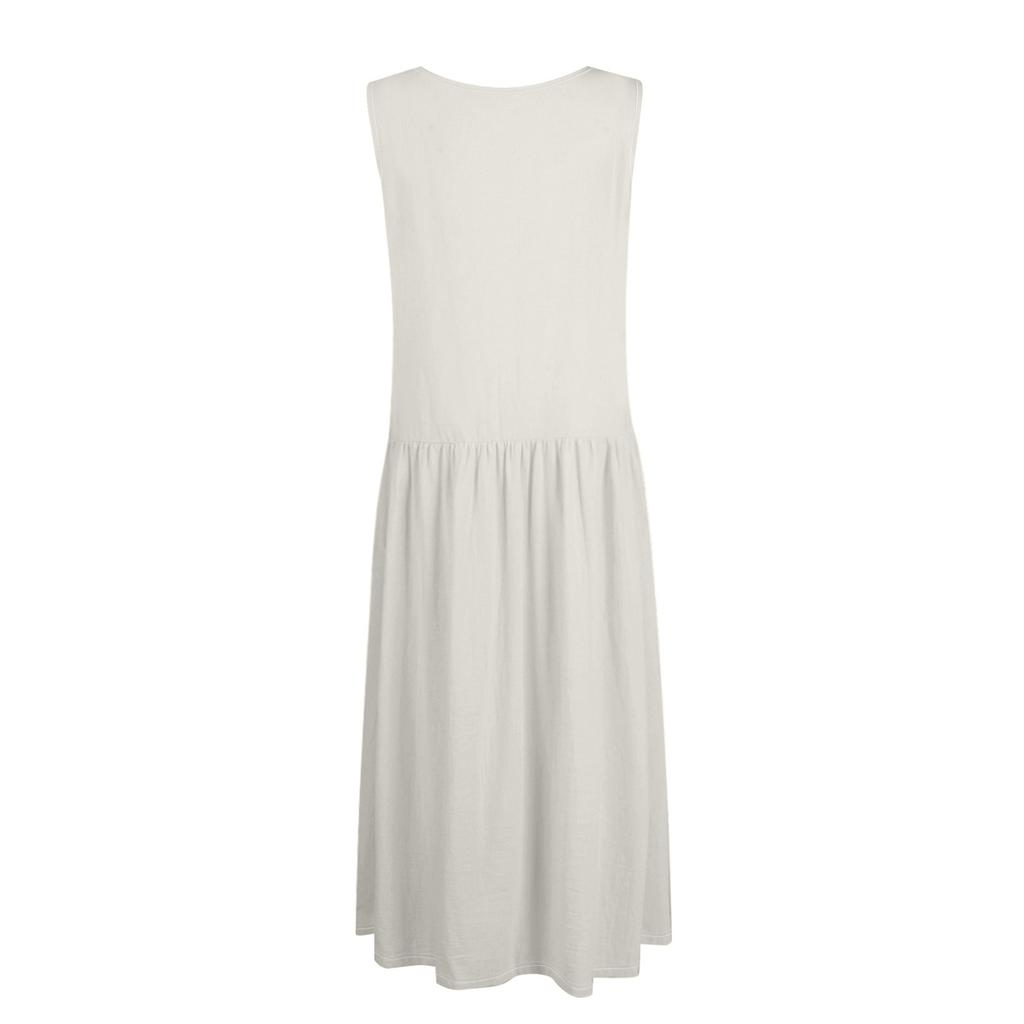 Women's Fashion Casual Solid Colour Sleeveless V-Neck Cotton Linen Pocket Dress