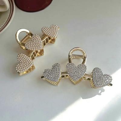 Shimmer Rhinestone Pearls Metal Hairpin Three Hearts Grab Hair Claw Girls Big Hair Clip Shark Clip Headdress Hair