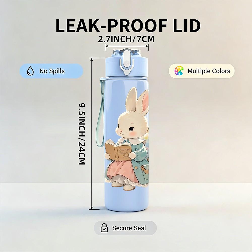 1PC Bunny Doll Soft Cute Cartoon Print 750ml Color Plastic Sports Water Bottle Leakproof Flip Straw Lid Suitable for Sports Office Home Use