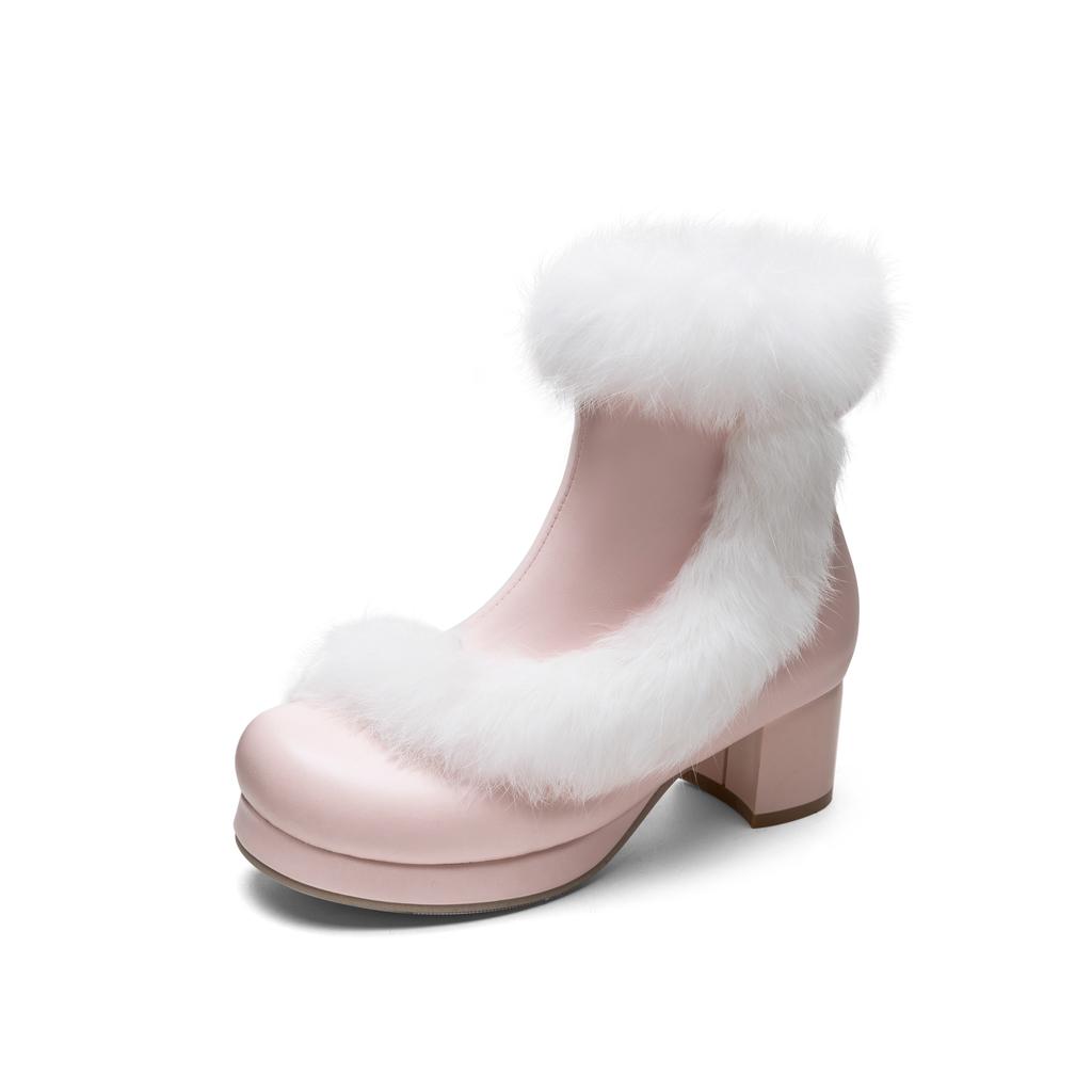 Lolita Cosplay Costom Ankle Boots Girls with Rabbit Fur Black Pink White Women 2024 Uniform Leather High Heels Sweet Shoes