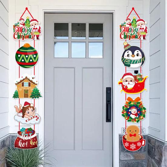 1 Pair Christmas Door Decoration Merry Christmas Hanging Sign Cartoon Santa Claus Snowman Holiday Decor for Home Wall Front Door