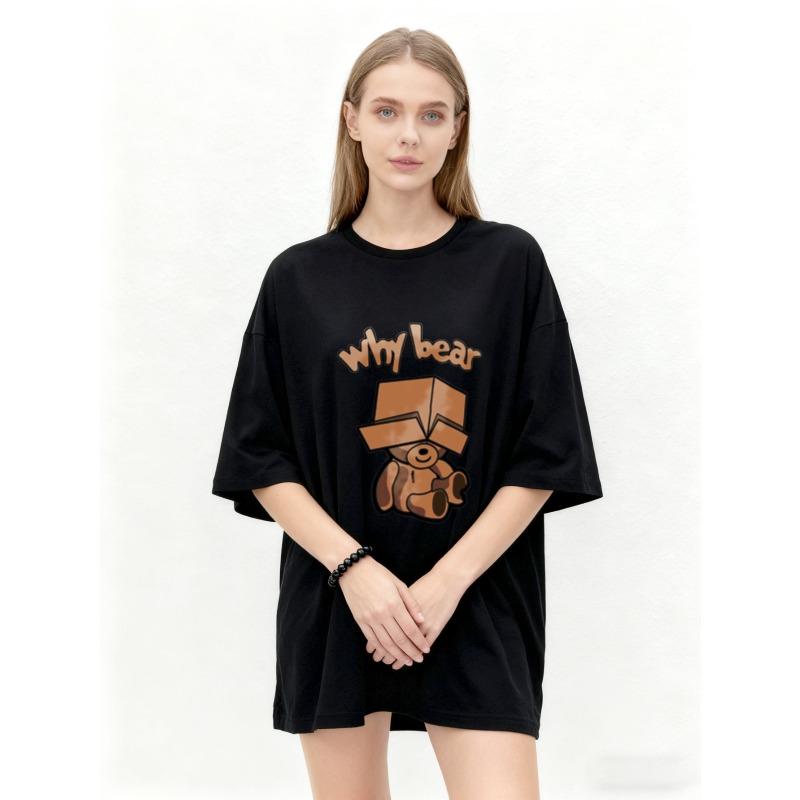 Oversized T-Shirt Black Why Bear Cartoon Teddy Bear With Box Print Casual Streetwear Summer Top Women Fashion Trendy Graphic Tee