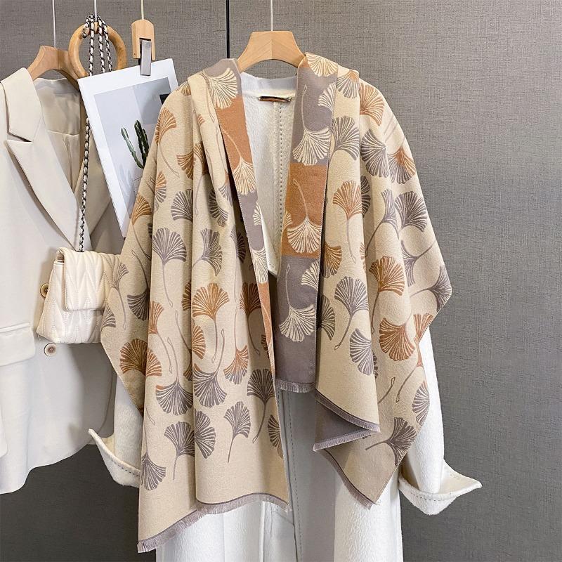 Vintage Ginkgo Leaf Jacquard Scarf Women Thick Warm Faux Cashmere Neck Scarf