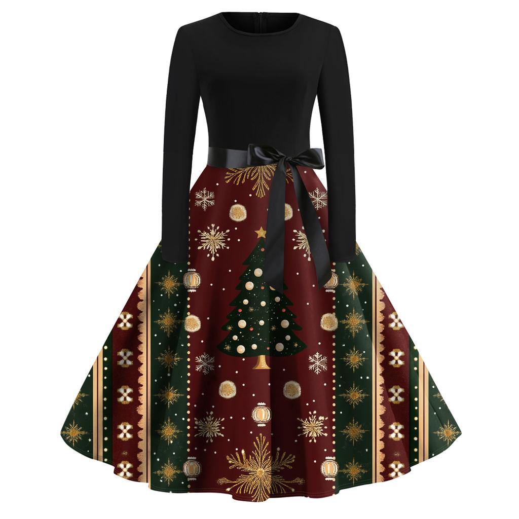 Women's Fashion Round Casual Slim Fit Christmas Print Large Swing Long Sleeve Dress