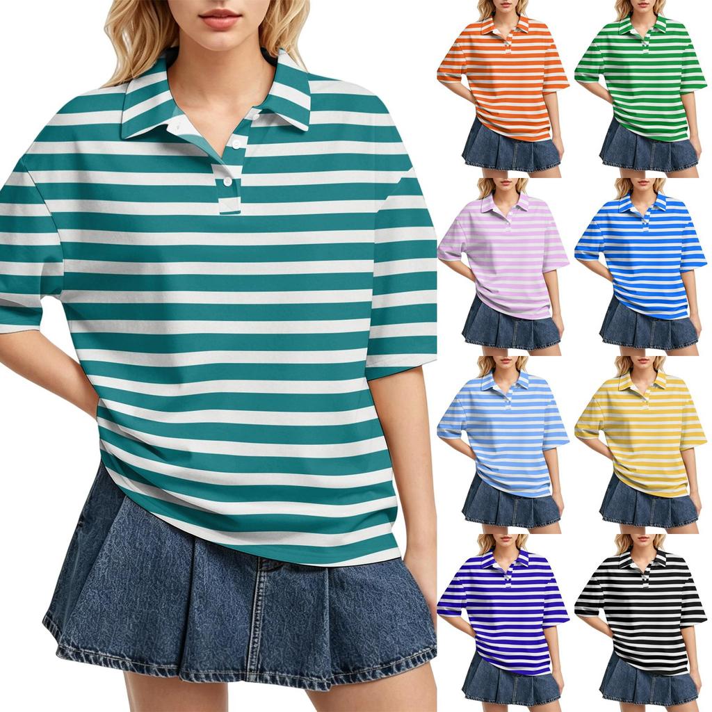 Camisa Polo Casual para Mujer de Corte Holgado con Mangas Cortas, Ligera, con Patrón de Rayas, Top de Verano con Cuello Clásico y Tapeta de Botones