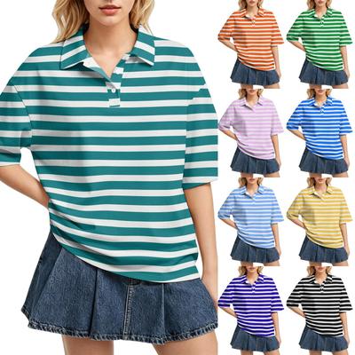 Damen Casual Poloshirt Lockerer Schnitt Kurze Ärmel Leicht Gestreiftes Muster Sommer Oberteil mit Klassischem Kragen und Knopfleiste