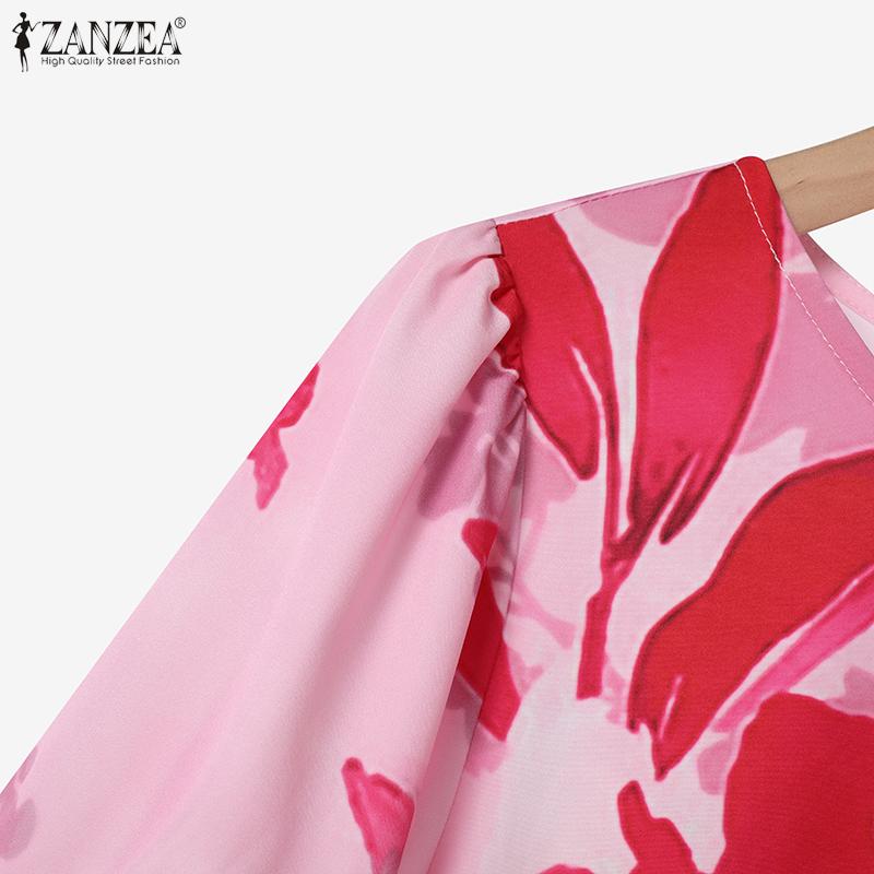 ZANZEA Rochie lungă cu mânecă scurtă și guler rotund, casual, cu imprimeu floral, pentru femei