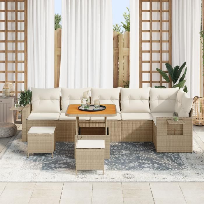Set de 9 pièces de Sofa de Jardin avec Coussins Beige en Poly Rotin Acacia, Set 3 pièces de Salle à Manger de Jardin 3361761