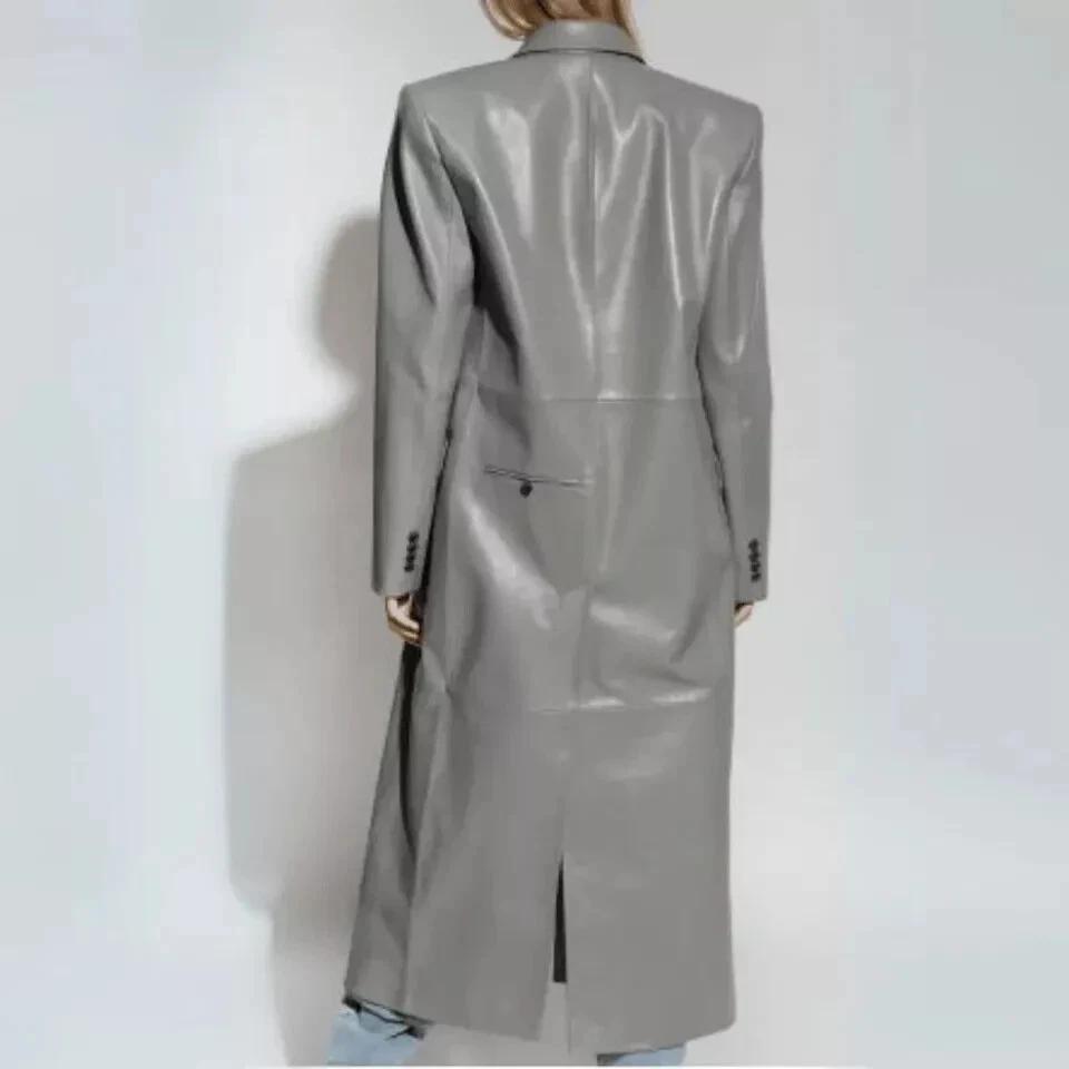 Trench Coat Genuine Lambskin Leather Handmade Stylish Grey Designer Women's Long