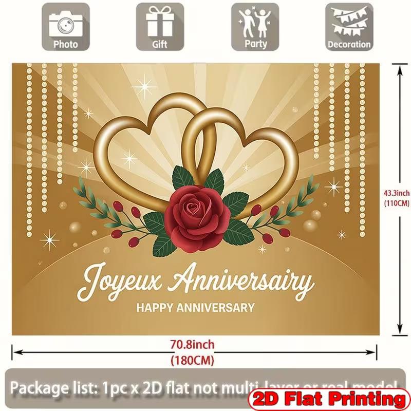 2D Gold Heart Anniversary Backdrop, Joyeux Happy Anniversary Photography Background
