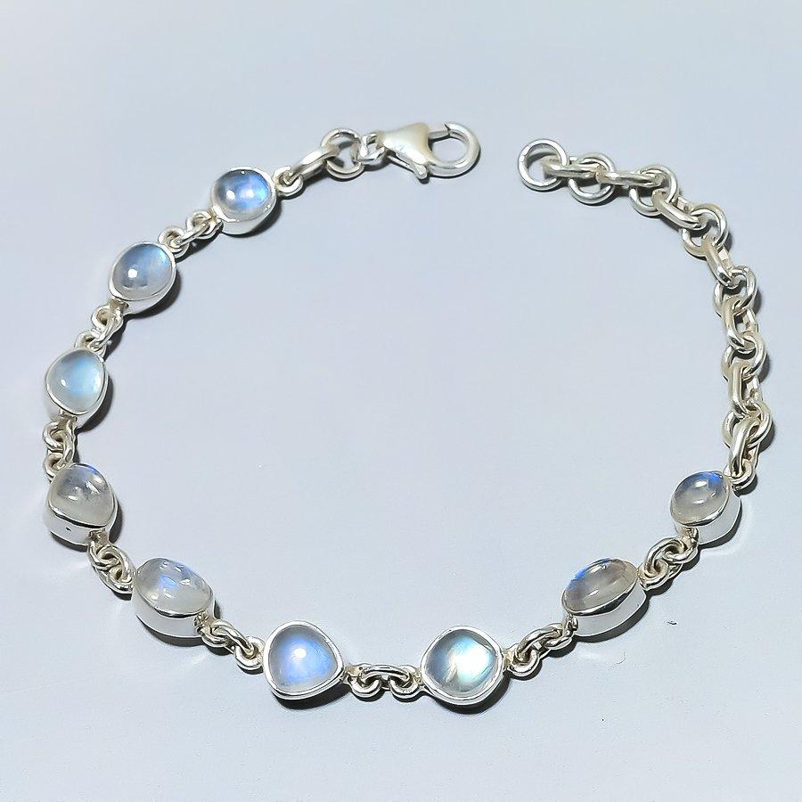 Natural Rainbow Moonstone Gemstone Handmade 925 Solid Silver Bracelet 7-8" P6s69