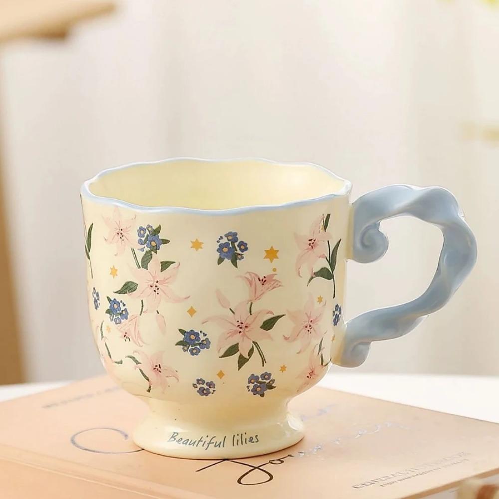 High Value Pastoral Flower Mug Tall Water Cup Girls Office Coffee Cup Personalized Internet Celebrity Ceramic Cup