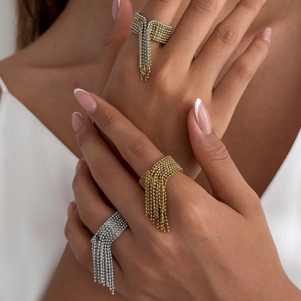 Kunjoe Fashion Stainless Steel Long Tassel Chain Open Rings For Women Charm Hip Hop Geometric 18K Gold Plated Wide Ring Jewelry