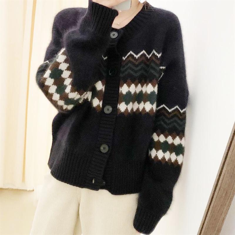 Korean vintage print loose sweaters outer wear spring autumn women's clothing knitted cardigan top sweater cardigan jacket women