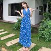 French Blue Floral Halter Maxi Dress for Women - Summer 2026 Petite Elegant Cinched-Waist Long Dress
