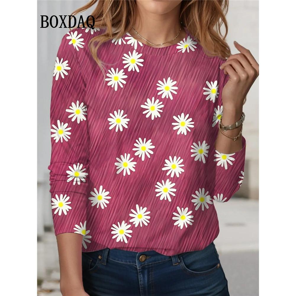 Tie Dye Rose Flower Print T Shirt Spring Women Long Sleeve Shirts Casual O-Neck Loose Plus Size Tops Fashion Clothes