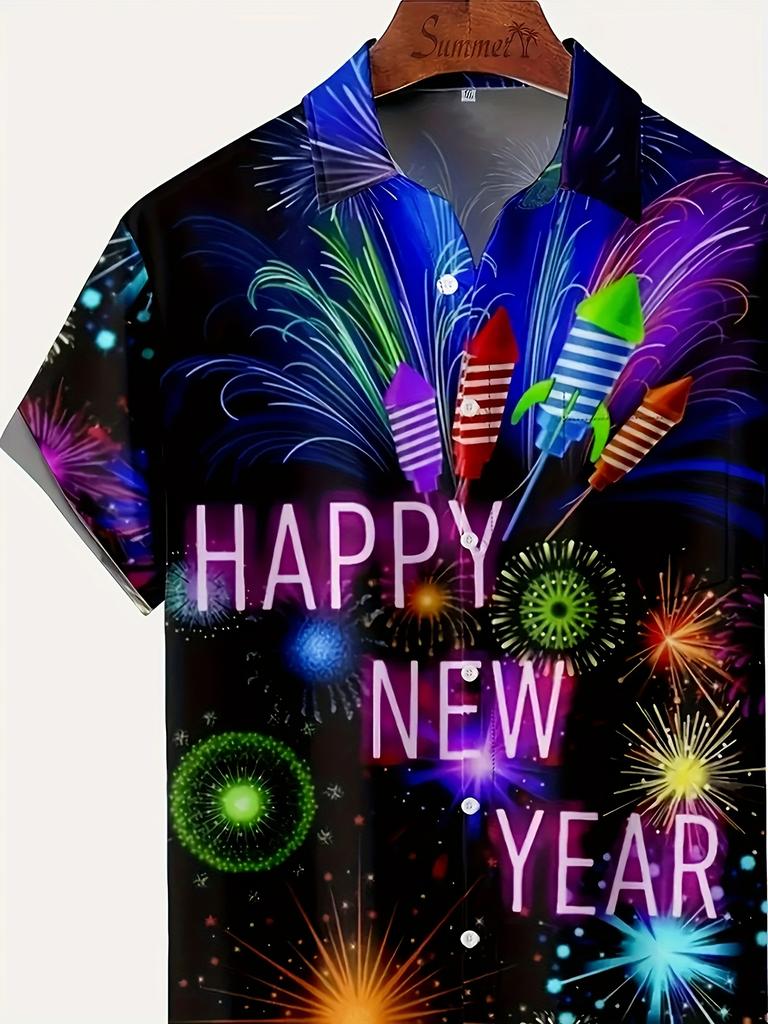 Men'S Casual Short-Sleeve Shirt with a Fireworks Pattern - 3D Design for New Year And Christmas, Made of Polyester, Woven, Non-Stretch, Regular Fit,