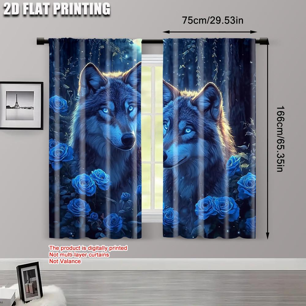 2pcs,2D plane printing Minimalist Curta Mystical Wolf & Blue Roses Polyester Easy Install (without rod) Holiday for Kitchen,