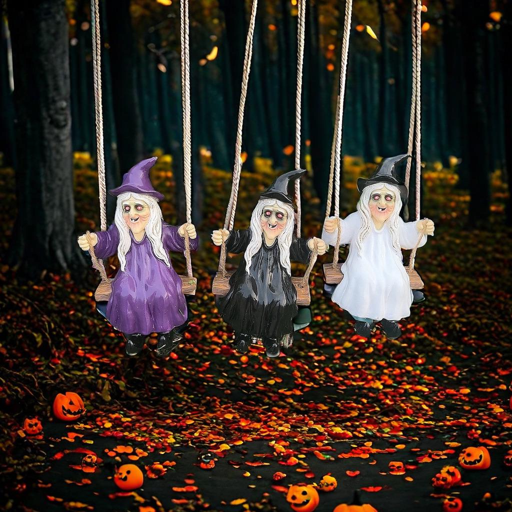 Ghost and Witch Pendant Set: Black-Clad Ghost Swing, White-Clad Ghost with Cat, Purple-Clad Witch for Courtyard & Garden Decor