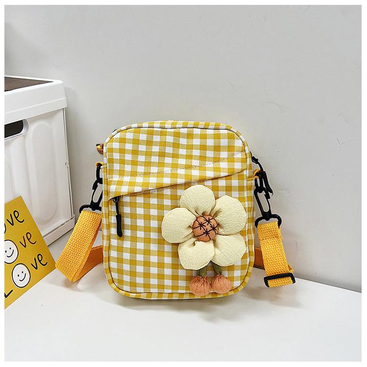 Adorable 2022 Korean Style Checked Canvas Shoulder Bag For Girls With Floral Accents And Medium Size