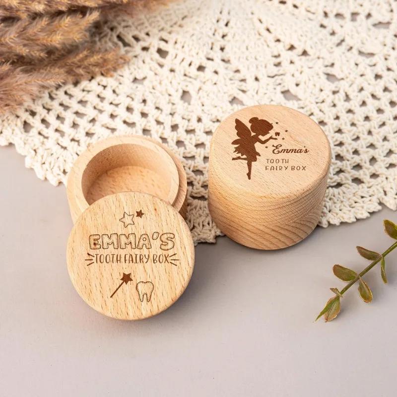 1PCS Free Personalized Tooth Fairy Wooden Box Round Tooth Fairy Holder Birthday Gift for Girls Boys Name Milk Tooth And Curl Box