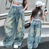 Retro Cartoon Graffiti Lose Teen Jeans Mädchen Sommer Design Breite Bein Cargo Denim Hosen Kinder Multi Tasche Hose