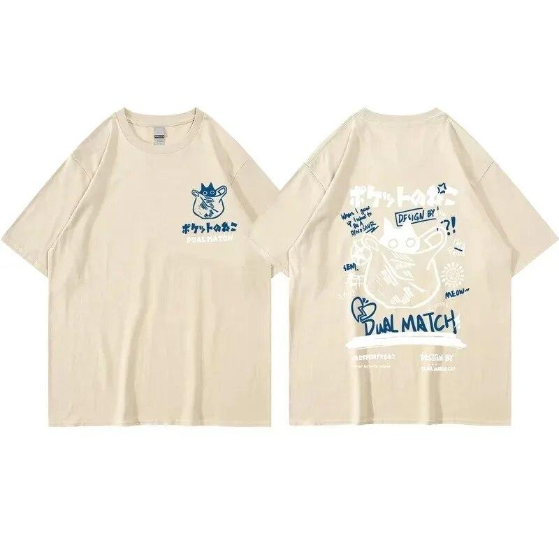 Unisex Women Cotton T-Shirt Japanese Kanji Funny Cat Printed T Shirt Harajuku Casual Short Sleeve Tshirt Streetwear Trend Tee Tops