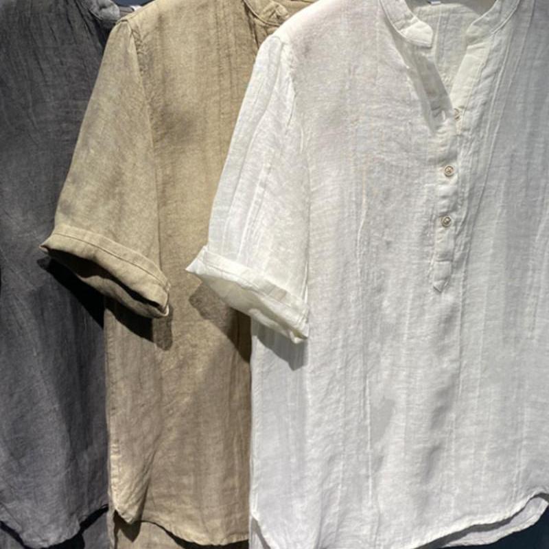 Herren Leinen Stehkragen Kurzarm T-Shirt Ultra-dünn Lockerer Schnitt Vintage Stil Sommer Freizeithemd Jugendmode
