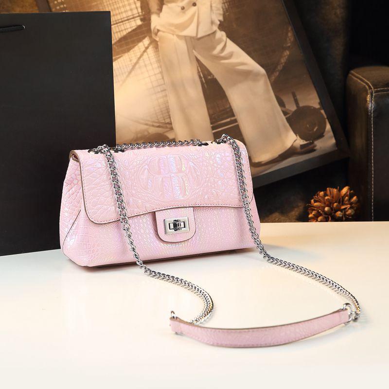 White Crocodile Pattern Women's Bag Big Brand Lock Small Square Bag Fashionable Shoulder Crossbody Bag Chain Bag