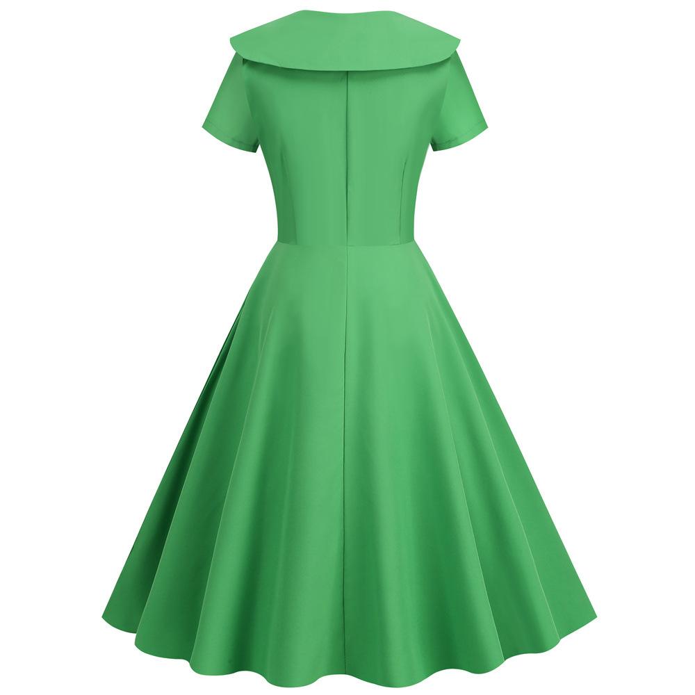 Retro Women Dress Turn-down Collar Shortn Sleeves A-line Big Swing Buttons Slim Fit Solid Color 50s Ball Prom Midi Dress
