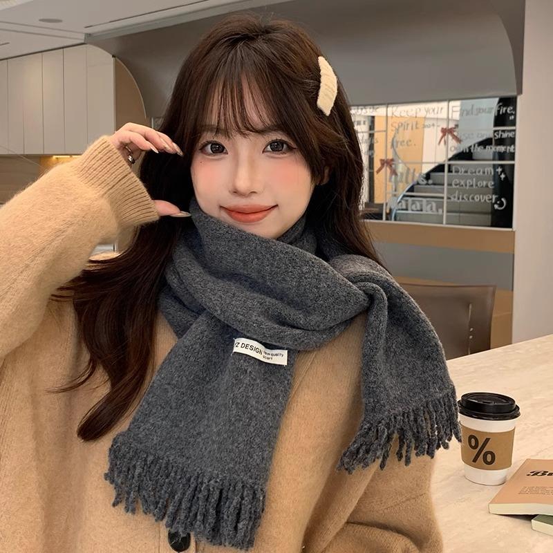 Winter new Korean version versatile solid color fringed edge dopamine long scarf winter warm and cold scarf