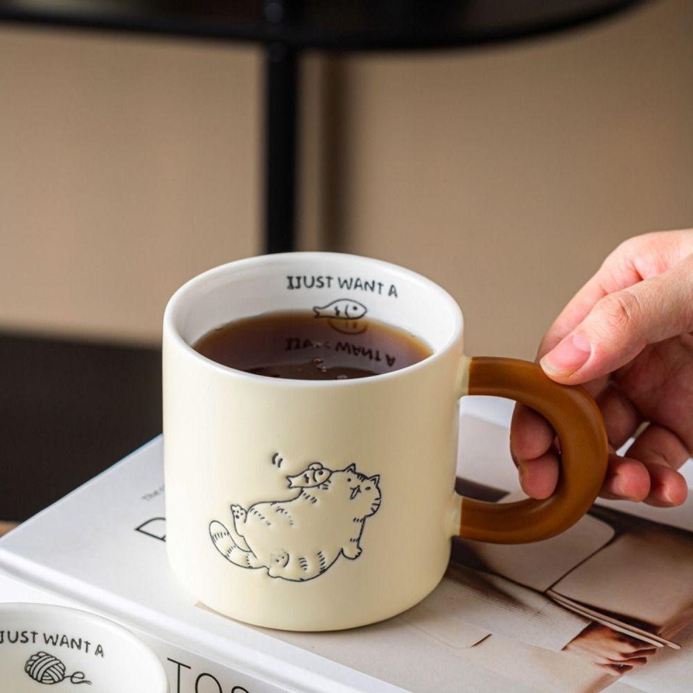 Cute Cat Pattern Ceramic Coffee Cup Hand Drawn Water Cup with Lid  Kitchen Drinkware
