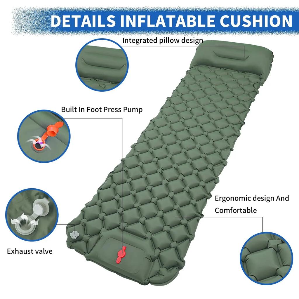 Ultra-Light Inflatable Camping Sleeping Pad with its Built-in Foot Pump and Pillow - Hiking pad, Backpacking Pad
