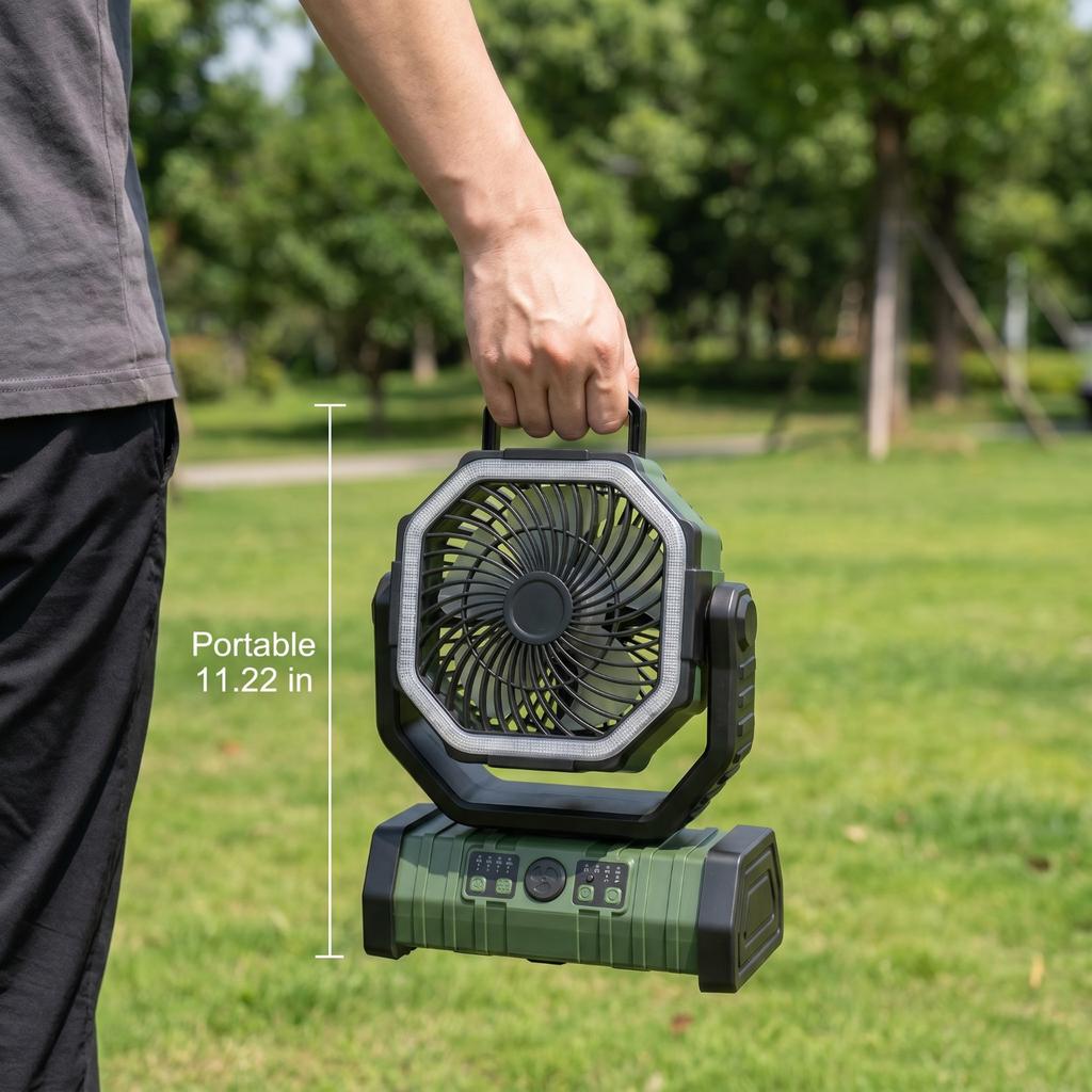 Rechargeable Camping Fan with LED Light 4 Speeds Portable Outdoor Fan with Remote Control and 72H Long Battery Life for Tent
