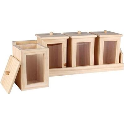4 Wooden and Glass Spice Jars On a Wooden Tray