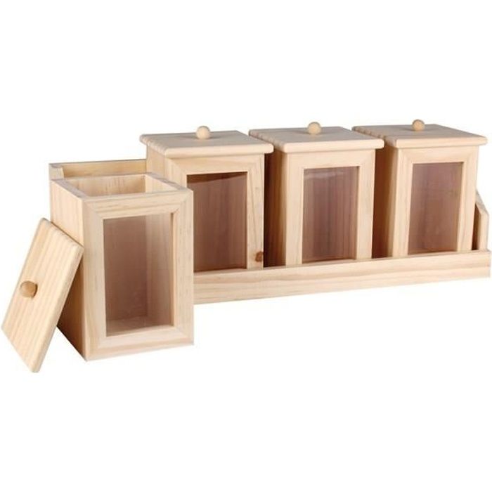 4 pots à épices en bois et vitrées sur plateau en bois