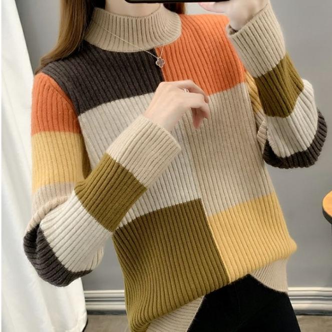 Fall Winter Women's Crew Neck Sweater Loose Contrast Knit Sweater Long Sleeve Pullover Knit Jumper Top