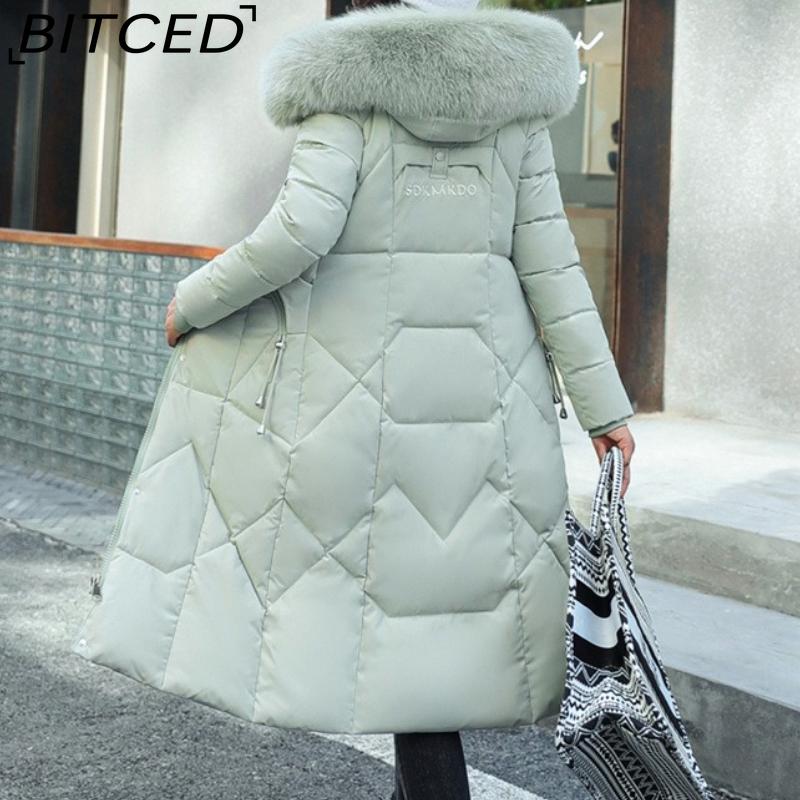 BITCED Winter Fashion Plus Size Cotton Coat for Women Long Waist-cinched Knee-length Thickened Coat with Large Fur Collar