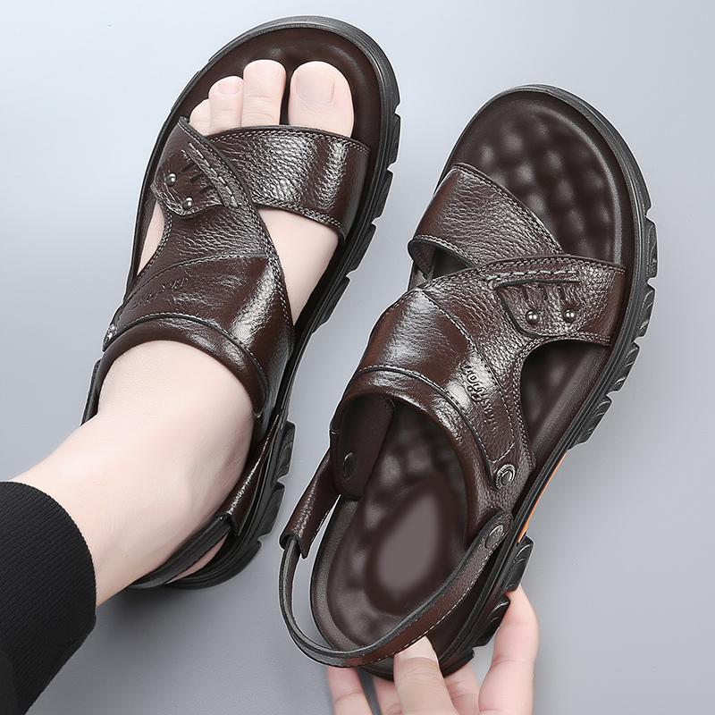 Fashion Mens Open Toe Cowhide Sandals Fashion Business Genuine Leather Casual Slippers Men Summer Flat Shoes Luxury Brand Roman Slippers