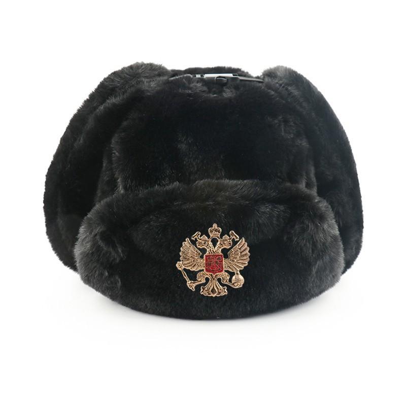 Warm Winter Military Style Earflap Hat Men Women With Embroidered Soviet Emblem Faux Fur Lined Outdoor Cap