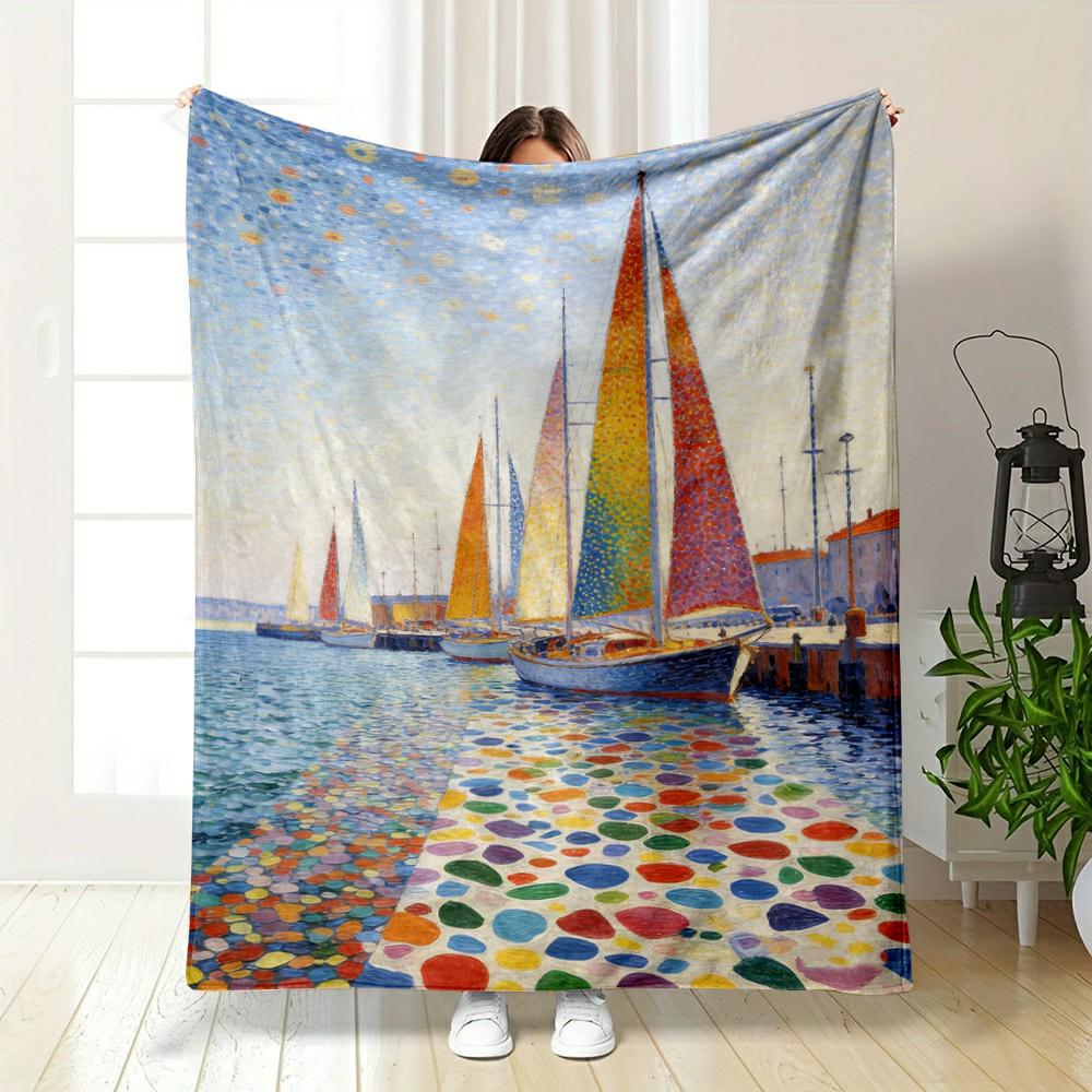 Colorful Sailboats on Dotted Water Scene Blanket Flannel blanket for bedroom, living room, sofa, and nap sofas