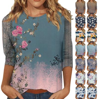 Damenmode Lässiges Rundhals-T-Shirt mit 3/4-Ärmeln und lockerem Aufdruck