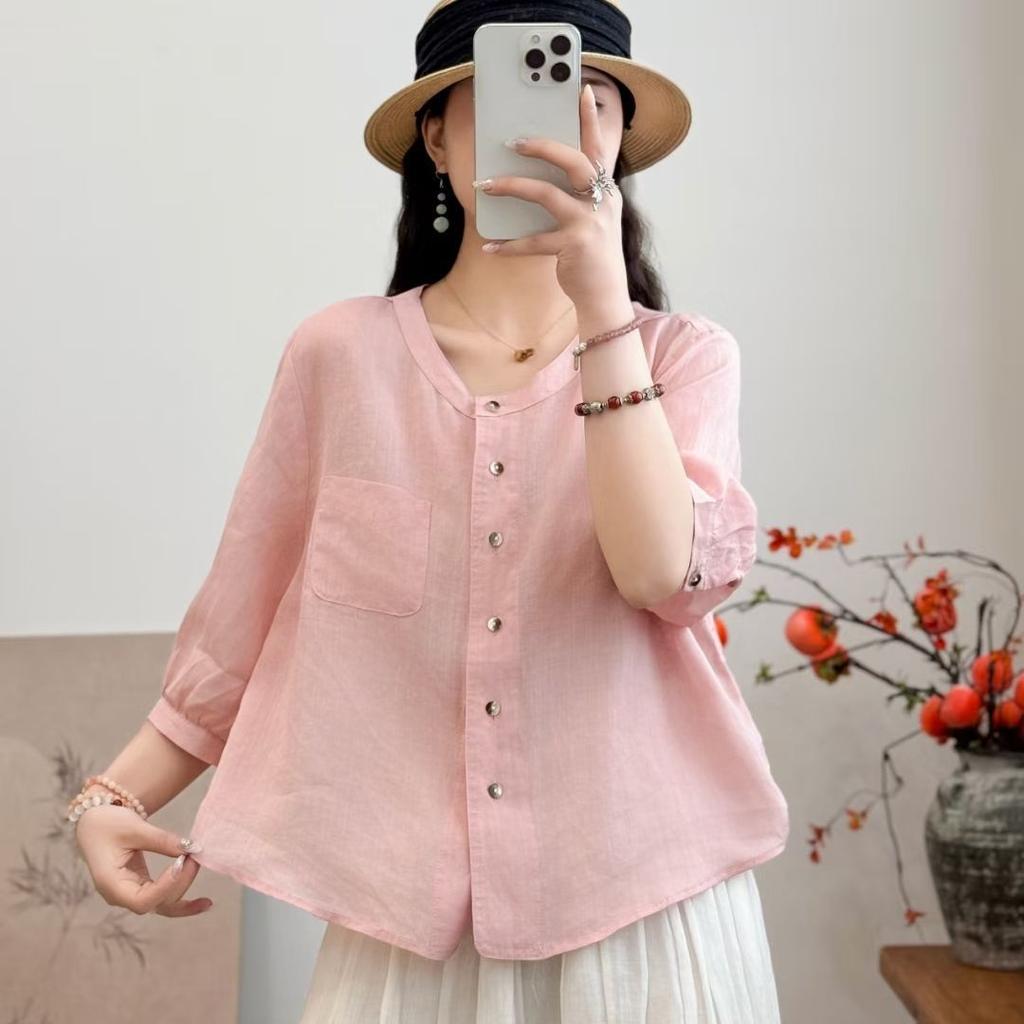 Sommer Baumwolle Leinen einfarbig kurz neue Mode Temperament lässig vielseitig Cardigan dünnes Hemd Hemd Damen