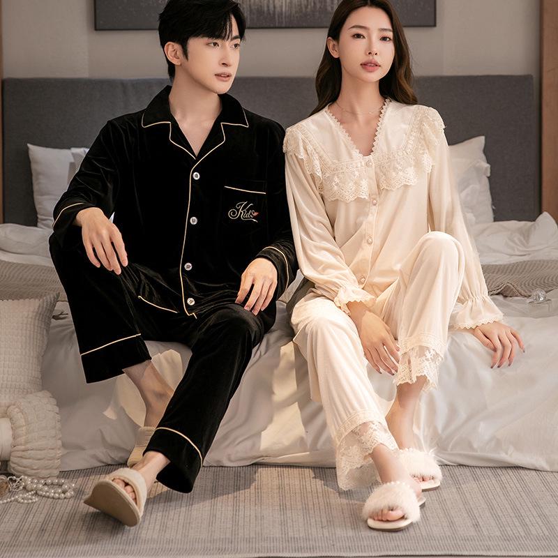 Golden Velvet Couple Pajamas: Autumn/Winter Cardigan Set, Stylish and Thin for Men and Women