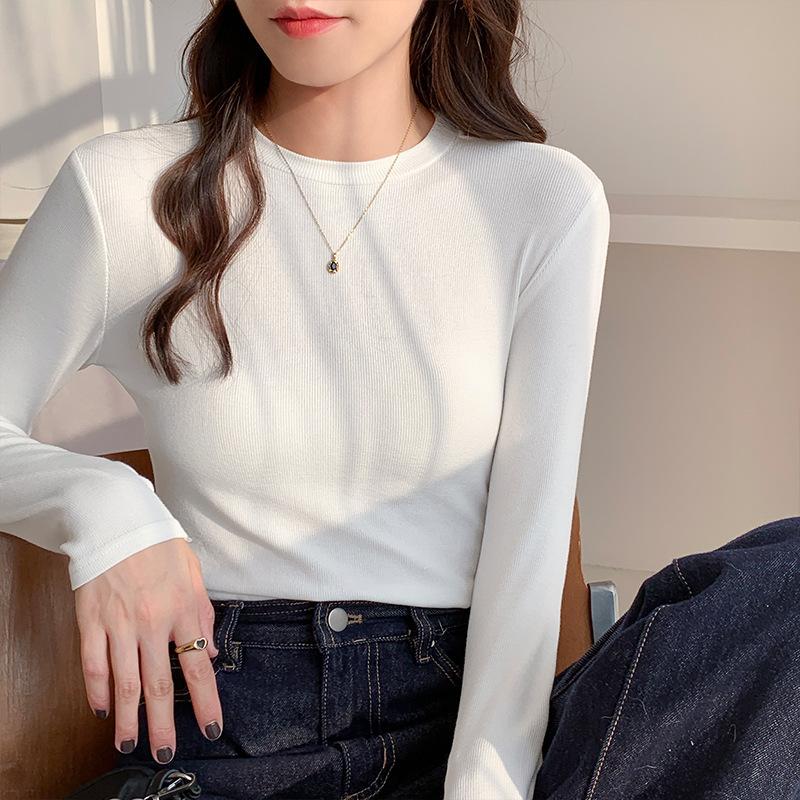 Autumn and Winter Velvet White Small Stand-up Collar Bottoming Shirt for Women with Thread Design, Slim Fit and Brushed Long-sleeved T-shirt Top